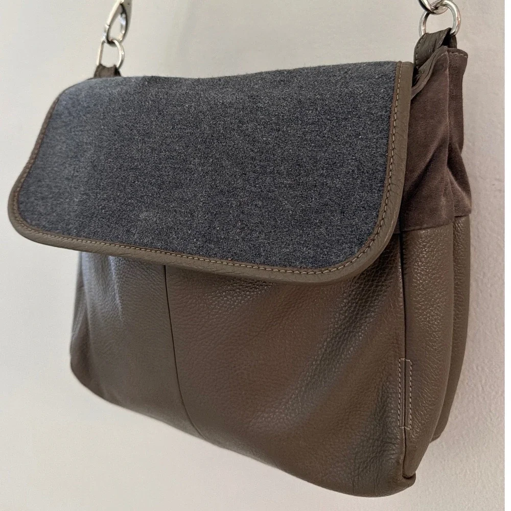 Fabiana Filippi Taupe Brown Pebbled Leather‎ Grey Wool Flap Crossbody Bag Italy